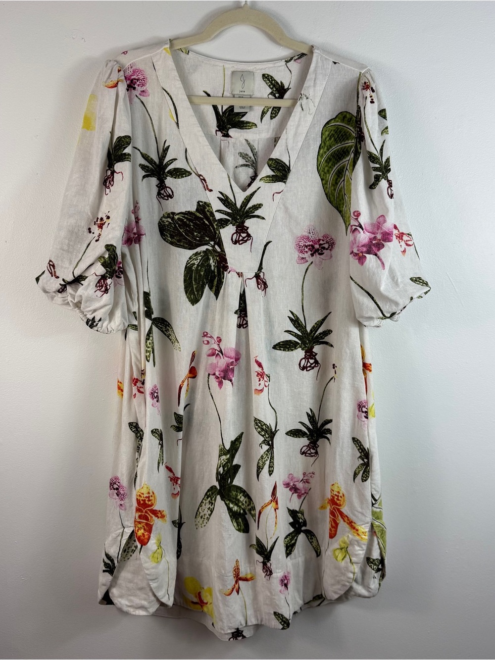 Joie Botanical Linen Blend Printed Puff Sleeve Mini Dress Size XL